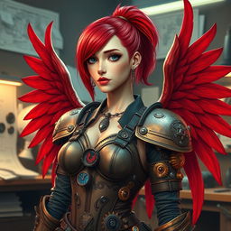A female artificer with striking red hair tied back in a neat ponytail, showcasing her large, majestic red wings