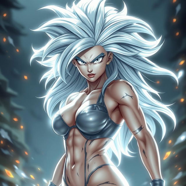 A stunning female Saiyan in her Mastered Ultra Instinct form, featuring big boobs, flowing silver hair, and glowing, intense silver eyes