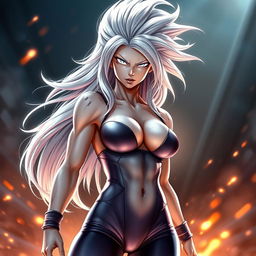 A stunning female Saiyan in her Mastered Ultra Instinct form, featuring big boobs, flowing silver hair, and glowing, intense silver eyes