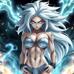 A stunning female Saiyan in her Mastered Ultra Instinct form, featuring big boobs, flowing silver hair, and glowing, intense silver eyes
