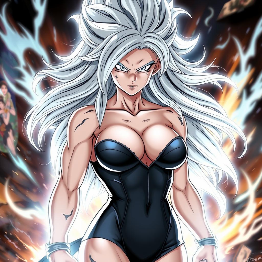 A stunning female Saiyan in her Mastered Ultra Instinct form, featuring big boobs, flowing silver hair, and glowing, intense silver eyes