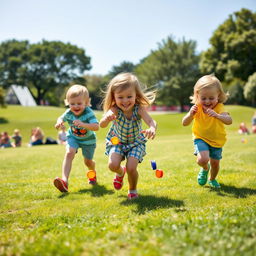 Three happy children playing at a sunny park, joyfully flicking colorful bottle caps across the grass