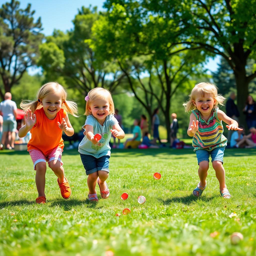 Three happy children playing at a sunny park, joyfully flicking colorful bottle caps across the grass