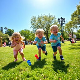 Three happy children playing at a sunny park, joyfully flicking colorful bottle caps across the grass