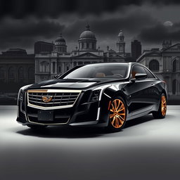 A stunning black Cadillac with golden accents, showcased prominently