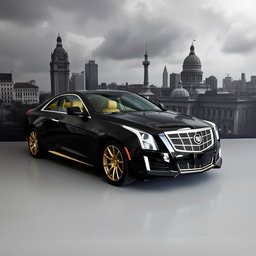 A stunning black Cadillac with golden accents, showcased prominently