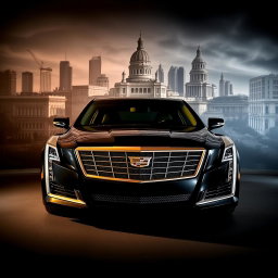 A stunning black Cadillac with golden accents, showcased prominently