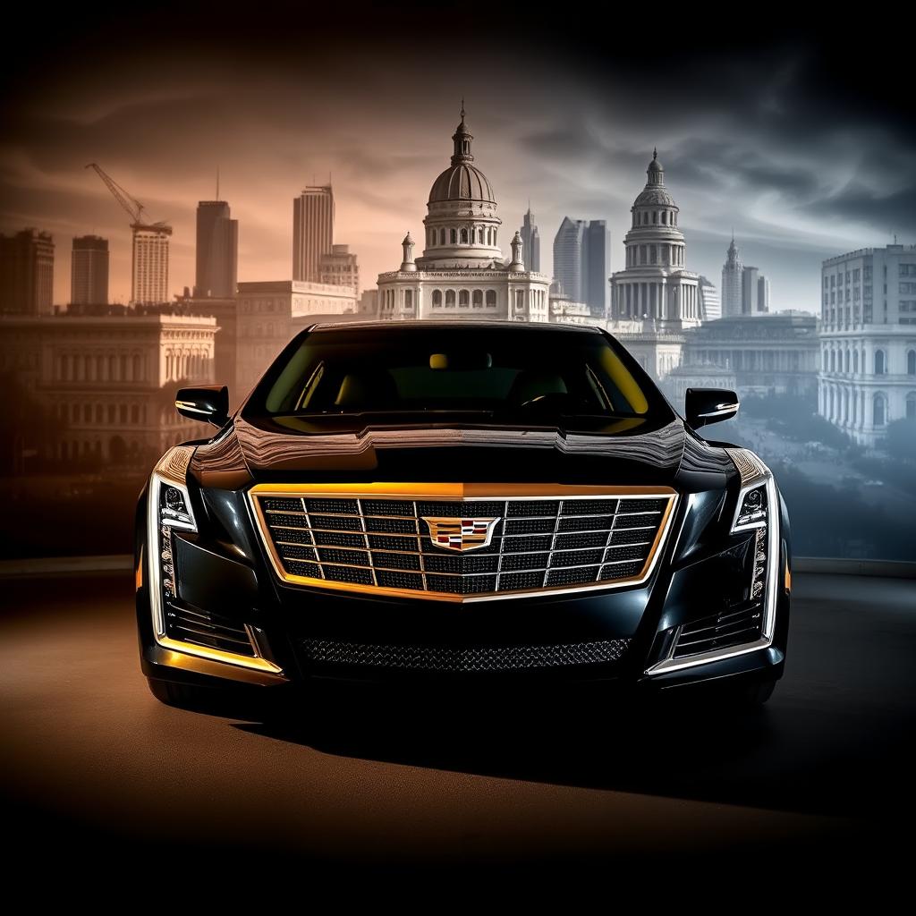 A stunning black Cadillac with golden accents, showcased prominently