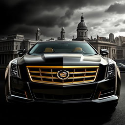 A stunning black Cadillac with golden accents, showcased prominently