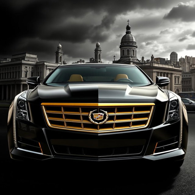 A stunning black Cadillac with golden accents, showcased prominently