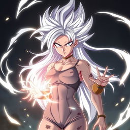 An anime female Saiyan in her Mastered Ultra Instinct form, characterized by flowing silver hair and glowing, intense silver eyes