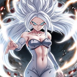 An anime female Saiyan in her Mastered Ultra Instinct form, characterized by flowing silver hair and glowing, intense silver eyes