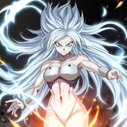 An anime female Saiyan in her Mastered Ultra Instinct form, characterized by flowing silver hair and glowing, intense silver eyes
