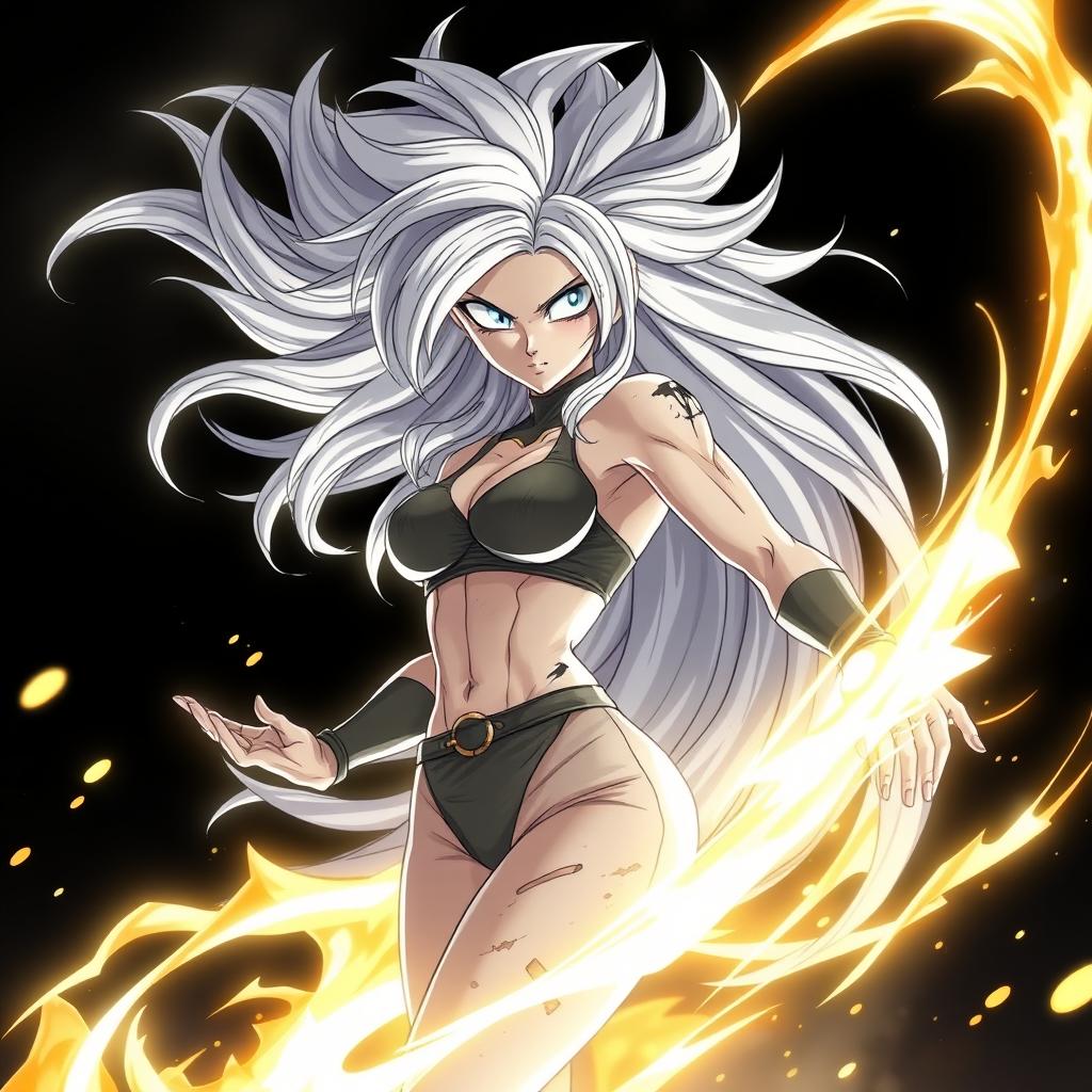 An anime female Saiyan in her Mastered Ultra Instinct form, characterized by flowing silver hair and glowing, intense silver eyes