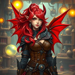 A female tiefling artificer with flowing red hair, featuring large red wings that elegantly extend from her back