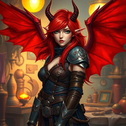 A female tiefling artificer with flowing red hair, featuring large red wings that elegantly extend from her back