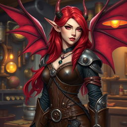 A female tiefling artificer with flowing red hair, featuring large red wings that elegantly extend from her back