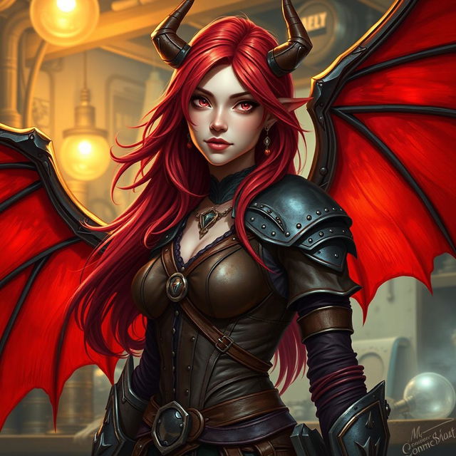 A female tiefling artificer with flowing red hair, featuring large red wings that elegantly extend from her back