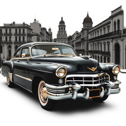 A vintage black Cadillac with golden accents, beautifully displayed