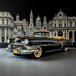 A vintage black Cadillac with golden accents, beautifully displayed