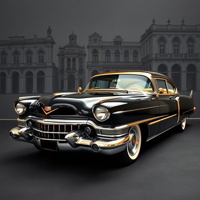 A vintage black Cadillac with golden accents, beautifully displayed