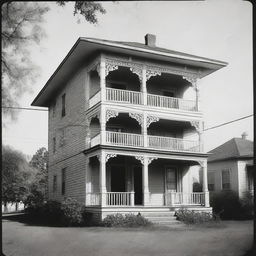 Two-story house with a sheet hanging on the first floor and a balcony on the second floor.