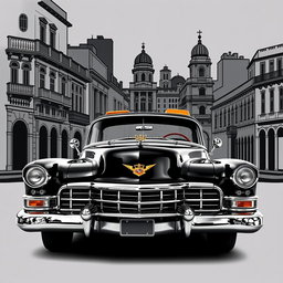 A vintage black Cadillac with golden accents, beautifully displayed