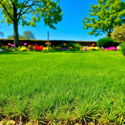 A beautifully landscaped garden scene showcasing a vibrant, lush green lawn filled with perfectly manicured grass