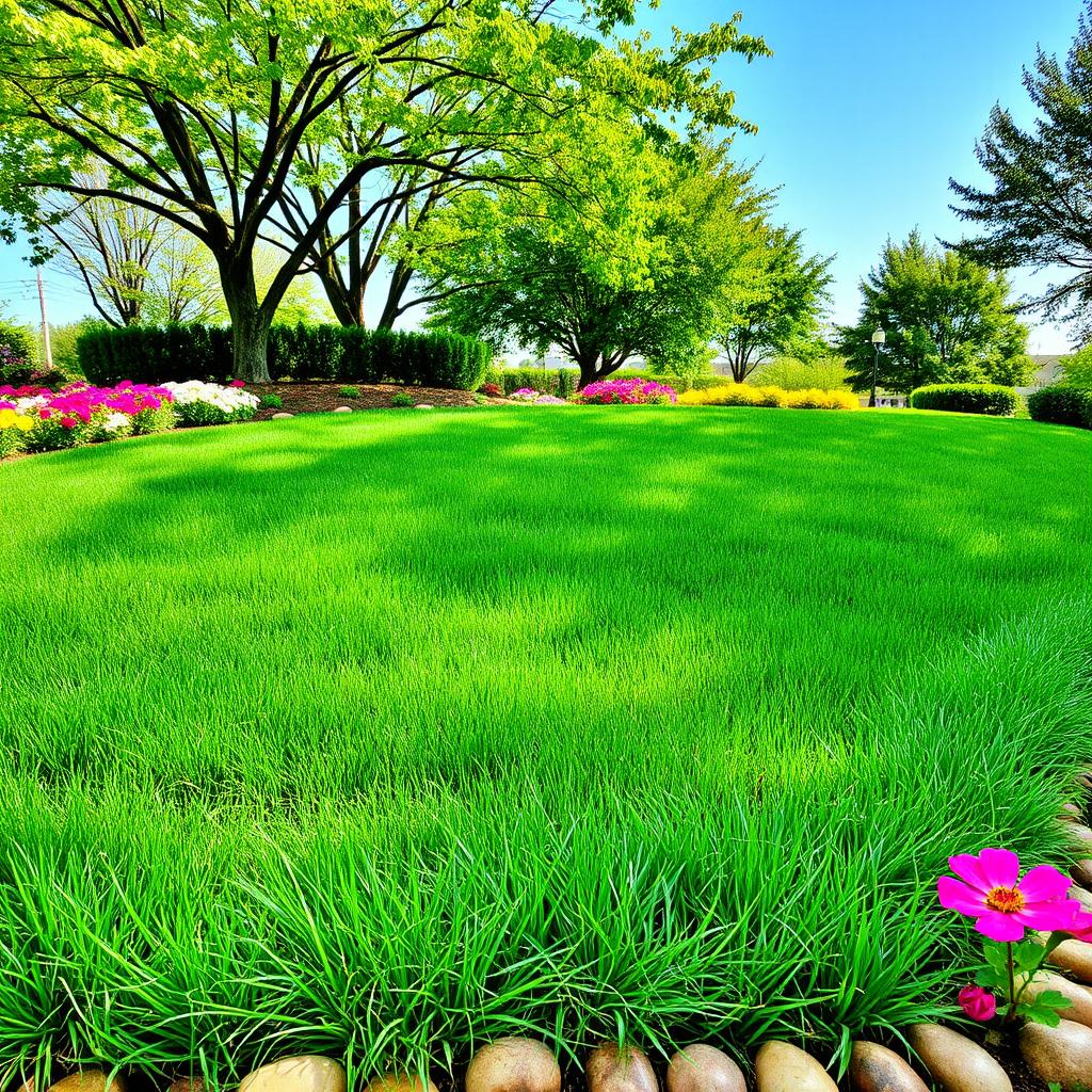 A beautifully landscaped garden scene showcasing a vibrant, lush green lawn filled with perfectly manicured grass