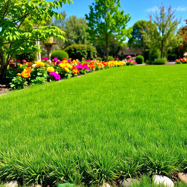 A beautifully landscaped garden scene showcasing a vibrant, lush green lawn filled with perfectly manicured grass