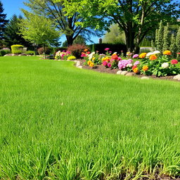 A beautifully landscaped garden scene showcasing a vibrant, lush green lawn filled with perfectly manicured grass
