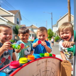 Three happy children playing on a lively street, flicking colorful bottle caps as they race them along the edge of a toy circuit, aiming for a makeshift target on the wall
