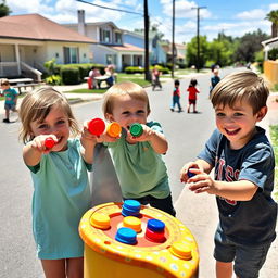 Three happy children playing on a lively street, flicking colorful bottle caps as they race them along the edge of a toy circuit, aiming for a makeshift target on the wall