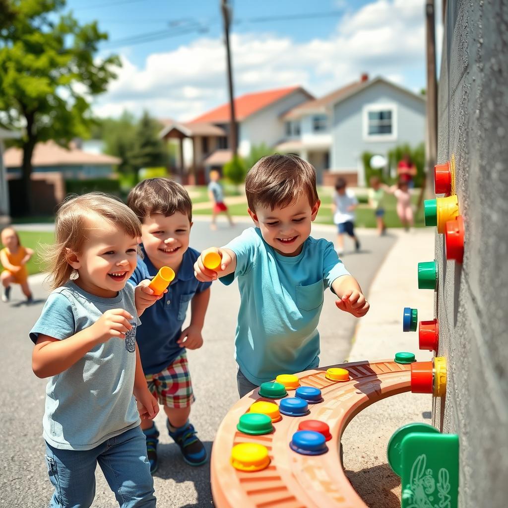 Three happy children playing on a lively street, flicking colorful bottle caps as they race them along the edge of a toy circuit, aiming for a makeshift target on the wall