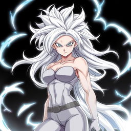 An anime female Saiyan in her Mastered Ultra Instinct form, characterized by flowing silver hair and glowing, intense silver eyes