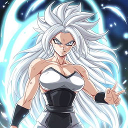 An anime female Saiyan in her Mastered Ultra Instinct form, characterized by flowing silver hair and glowing, intense silver eyes
