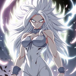 An anime female Saiyan in her Mastered Ultra Instinct form, characterized by flowing silver hair and glowing, intense silver eyes