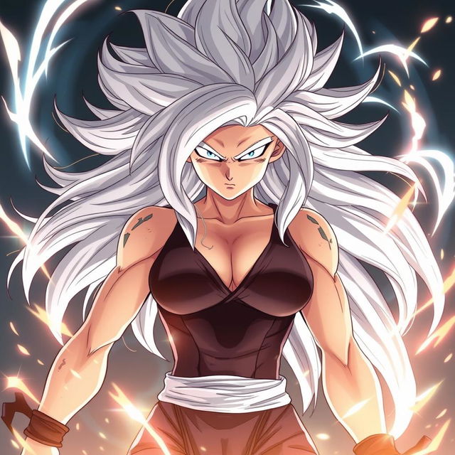 An anime female Saiyan in her Mastered Ultra Instinct form, characterized by flowing silver hair and glowing, intense silver eyes