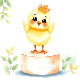 A cute watercolor illustration of a fluffy chicken topper, characterized by soft pastel colors like yellow, orange, and light brown