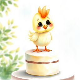 A cute watercolor illustration of a fluffy chicken topper, characterized by soft pastel colors like yellow, orange, and light brown