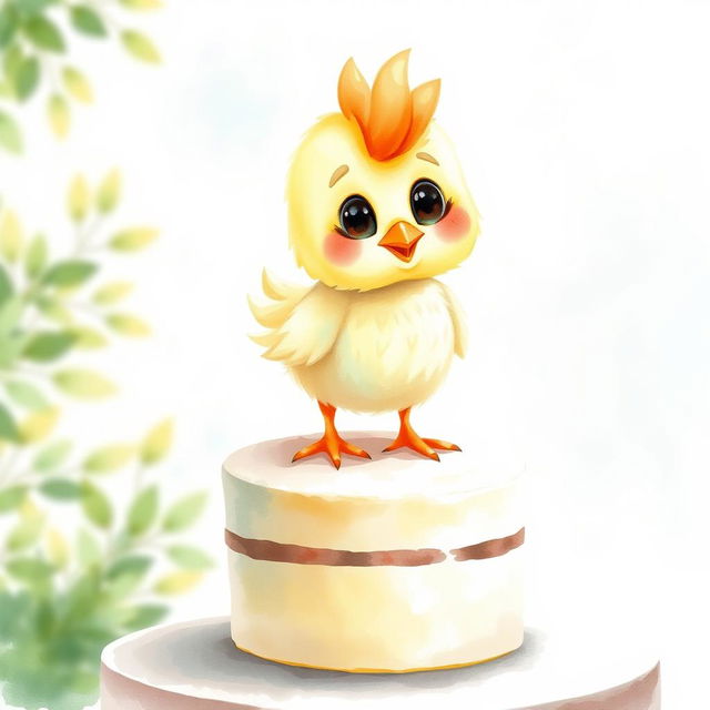 A cute watercolor illustration of a fluffy chicken topper, characterized by soft pastel colors like yellow, orange, and light brown