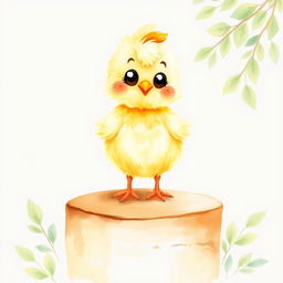 A cute watercolor illustration of a fluffy chicken topper, characterized by soft pastel colors like yellow, orange, and light brown