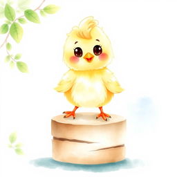 A cute watercolor illustration of a fluffy chicken topper, characterized by soft pastel colors like yellow, orange, and light brown