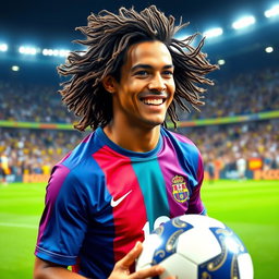 A portrait of Ronaldinho, showcasing his iconic smile and flowing curly hair