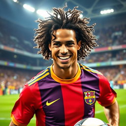 A portrait of Ronaldinho, showcasing his iconic smile and flowing curly hair