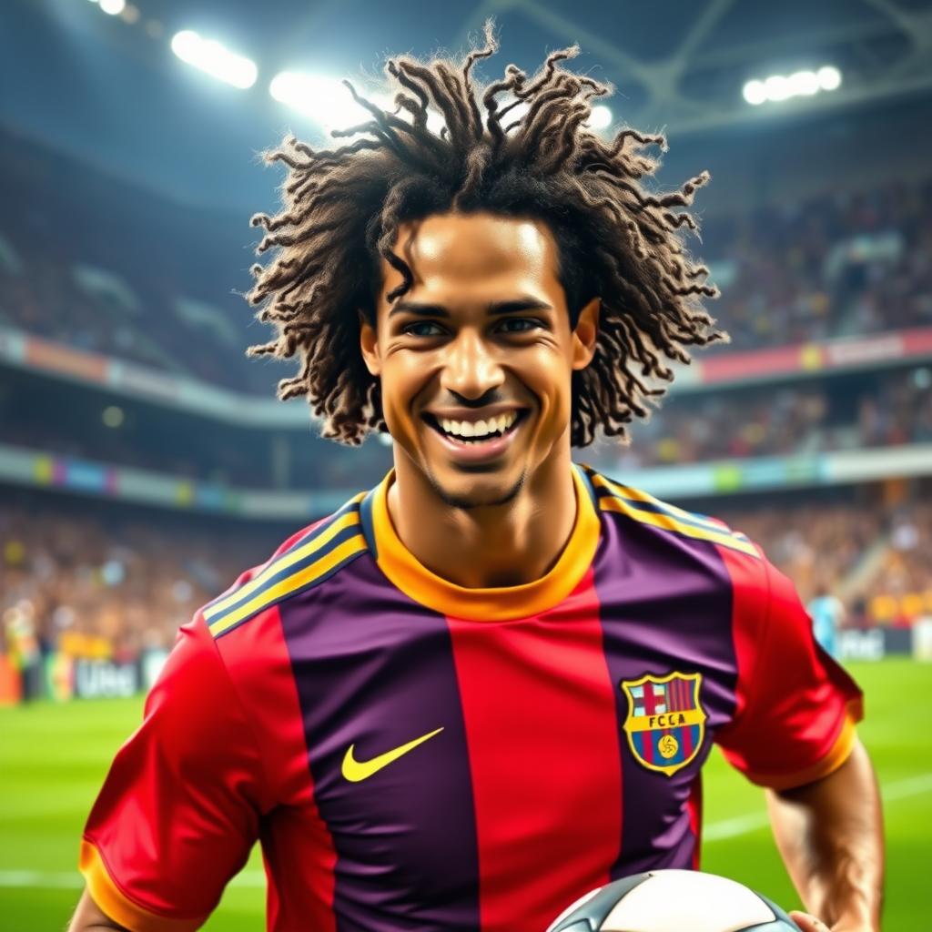 A portrait of Ronaldinho, showcasing his iconic smile and flowing curly hair