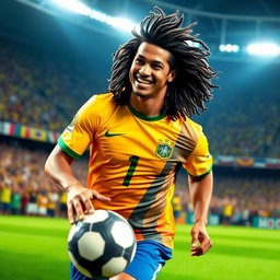 A portrait of Ronaldinho, showcasing his iconic smile and flowing curly hair