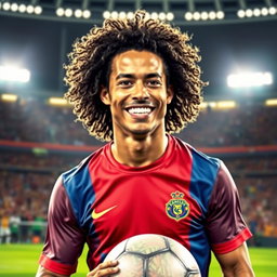 A portrait of Ronaldinho, showcasing his iconic smile and flowing curly hair