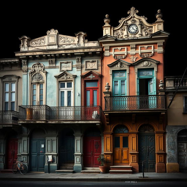 A stunning depiction of vintage houses in Habana, Cuba, set against a dark black and gray background