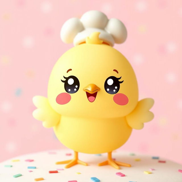 A cute kawaii chicken topper, featuring an adorable round chicken character with big sparkling eyes and rosy cheeks
